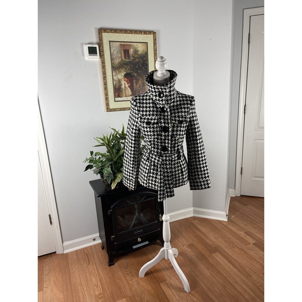 Last Kiss Women's Black & White Long Sleeve 4-Button Tie Closure Jacket Coat SM